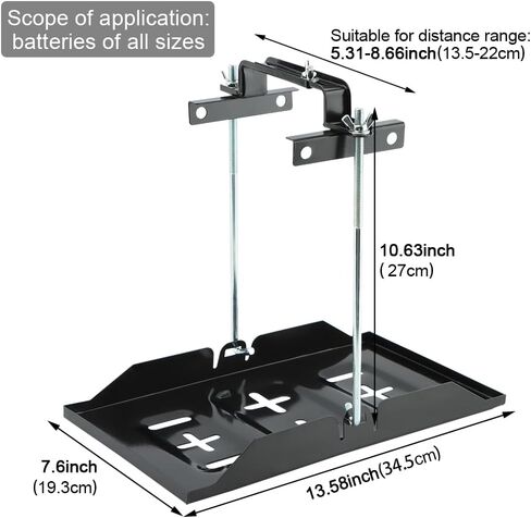 طقم صينية تثبيت البطارية، حامل بطارية تخزين عالمي، مشبك معدني قابل للتعديل ومقاوم للتآكل للسيارات والقوارب البحرية (الحجم: مسمار 27 سم مع صينية 34.5 سم) in Kuwait