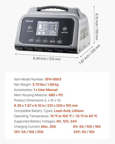 VEVOR Smart Battery Charger, 20A, 6V 12V 24V Lithium LiFePO4 Lead-Acid (Gel/AGM) Car Battery Charger, with LCD Display, Trickle Charging Maintainer Desulfator, for Car, Boat, Motorcycle, Lawn Mowers in Saudi Arabia