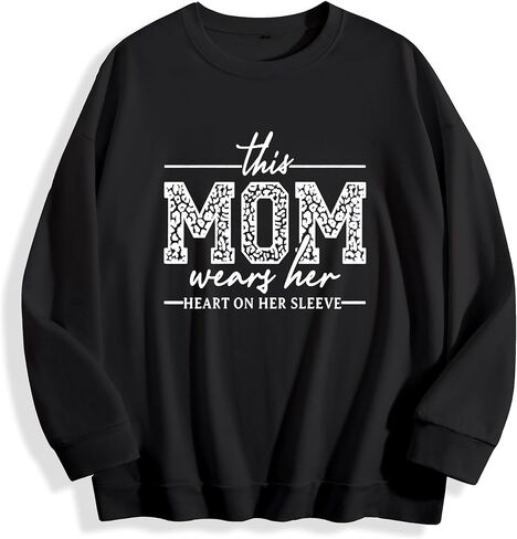 This Mom Wears Her Heart On Her Sleeve Black Crewneck - MOM Leopard Print Casual Sweatshirt in Saudi Arabia