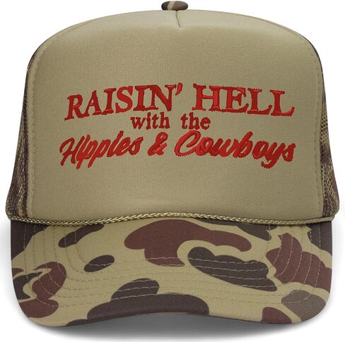 Raisin’ Hell with Hippies & Cowboys Trucker Hat | Vintage Cowgirl Western Trendy | Premium Snapback Hat for Men & Women in Saudi Arabia