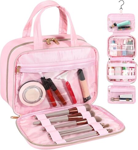 Voova Hanging Travel Toiletry Bag for Women Men, Waterproof Makeup Cosmetic Organizer Holder for Toiletries Accessories, Traveling Essentials,Shampoo,Full-Sized Container, Brushes Kit Set, Pink in Kuwait