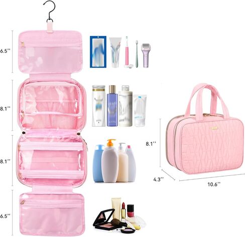 Voova Hanging Travel Toiletry Bag for Women Men, Waterproof Makeup Cosmetic Organizer Holder for Toiletries Accessories, Traveling Essentials,Shampoo,Full-Sized Container, Brushes Kit Set, Pink in Kuwait