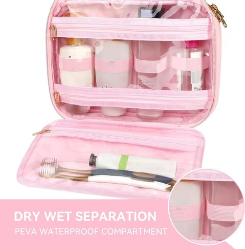 Voova Hanging Travel Toiletry Bag for Women Men, Waterproof Makeup Cosmetic Organizer Holder for Toiletries Accessories, Traveling Essentials,Shampoo,Full-Sized Container, Brushes Kit Set, Pink in Kuwait