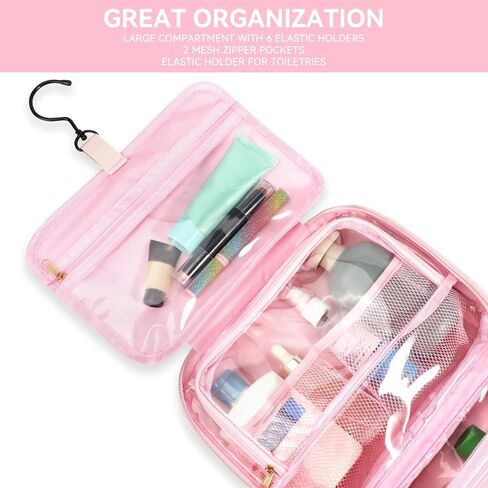 Voova Hanging Travel Toiletry Bag for Women Men, Waterproof Makeup Cosmetic Organizer Holder for Toiletries Accessories, Traveling Essentials,Shampoo,Full-Sized Container, Brushes Kit Set, Pink in Kuwait