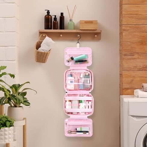 Voova Hanging Travel Toiletry Bag for Women Men, Waterproof Makeup Cosmetic Organizer Holder for Toiletries Accessories, Traveling Essentials,Shampoo,Full-Sized Container, Brushes Kit Set, Pink in Kuwait