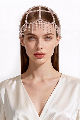 BABEYOND 1920s Pearl Flapper Cap Headpiece Roaring 20s Gatsby Pearl Head Chain (B-White) in Saudi Arabia