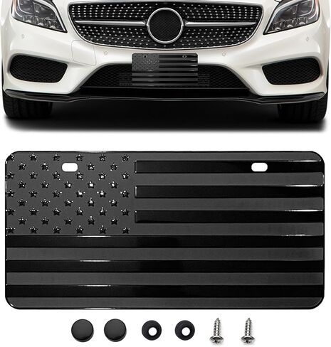 American Flag Front License Plate, Custom Black American Flag License Plate for Car Front Bumper, 6" x 12" Novelty Metal 3D Embossed US Tag Cover Patriotic Decoration Car Holders Frame（Black） in Kuwait