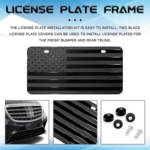 American Flag Front License Plate, Custom Black American Flag License Plate for Car Front Bumper, 6" x 12" Novelty Metal 3D Embossed US Tag Cover Patriotic Decoration Car Holders Frame（Black） in Kuwait