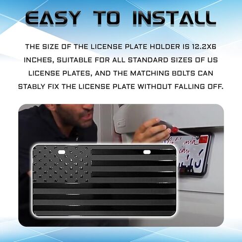 American Flag Front License Plate, Custom Black American Flag License Plate for Car Front Bumper, 6" x 12" Novelty Metal 3D Embossed US Tag Cover Patriotic Decoration Car Holders Frame（Black） in Kuwait