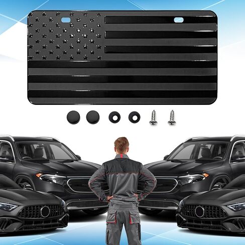American Flag Front License Plate, Custom Black American Flag License Plate for Car Front Bumper, 6" x 12" Novelty Metal 3D Embossed US Tag Cover Patriotic Decoration Car Holders Frame（Black） in Kuwait