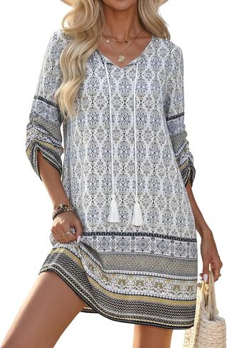 HOTOUCH Women Casual Beach Summer Dress Boho Tassel Tie Neck 3/4 Long Sleeve Short Floral Print Flowy Cover Up Sundresses in Saudi Arabia