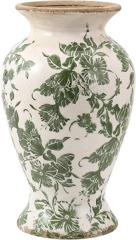 Green Ceramic Vase for Tuscan Decor, Large Vintage Vases for Home Decor, Chinoiserie Floral Vases for Rustic Farmhouse Decor, Grand Millennial Style Vase for Living Room, Bookshelf, Office in Saudi Arabia
