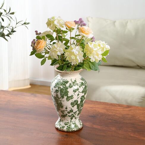 Green Ceramic Vase for Tuscan Decor, Large Vintage Vases for Home Decor, Chinoiserie Floral Vases for Rustic Farmhouse Decor, Grand Millennial Style Vase for Living Room, Bookshelf, Office in Saudi Arabia
