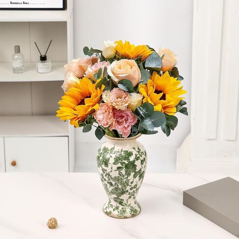 Green Ceramic Vase for Tuscan Decor, Large Vintage Vases for Home Decor, Chinoiserie Floral Vases for Rustic Farmhouse Decor, Grand Millennial Style Vase for Living Room, Bookshelf, Office in Saudi Arabia