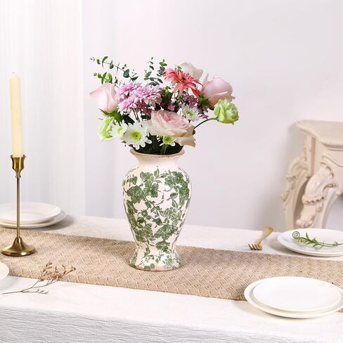 Green Ceramic Vase for Tuscan Decor, Large Vintage Vases for Home Decor, Chinoiserie Floral Vases for Rustic Farmhouse Decor, Grand Millennial Style Vase for Living Room, Bookshelf, Office in Saudi Arabia
