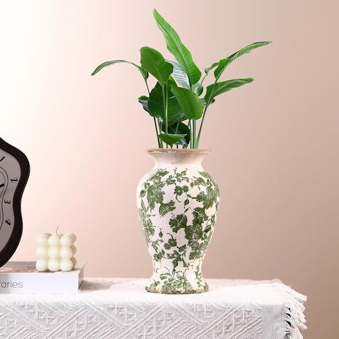 Green Ceramic Vase for Tuscan Decor, Large Vintage Vases for Home Decor, Chinoiserie Floral Vases for Rustic Farmhouse Decor, Grand Millennial Style Vase for Living Room, Bookshelf, Office in Saudi Arabia