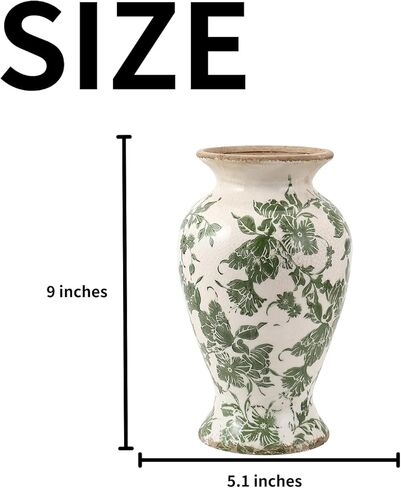 Green Ceramic Vase for Tuscan Decor, Large Vintage Vases for Home Decor, Chinoiserie Floral Vases for Rustic Farmhouse Decor, Grand Millennial Style Vase for Living Room, Bookshelf, Office in Saudi Arabia