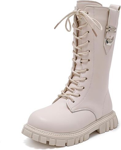 أحذية طويلة للركبة قتالية من الجلد للفتيات مع سحاب جانبي وأشرطة بإبزيم أنيقة ومريحة عند أصابع القدم وكعب مكتنز أحذية ركوب الخيل غير قابلة للانزلاق ونعل عروة للدراجات النارية للأطفال الصغار/الأطفال الكبار in Kuwait