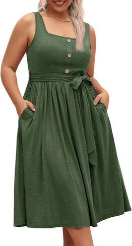 Beautife Women's Plus Size Summer Midi Dress Sleeveless A-Line Square Neck Pleated Belted Tank Dress in Kuwait