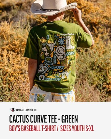 Baseball Lifestyle 101 Boy's Cactus Curve T-Shirt, Short Sleeve, Crew Neck, Youth Sizes S-XL in Kuwait