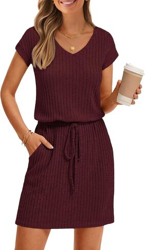 MEROKEETY Women's Summer Short Sleeve Mini Dress 2026 Casual V Neck Tie Waist Beach Vacation T-Shirt Sundress with Pockets in Saudi Arabia