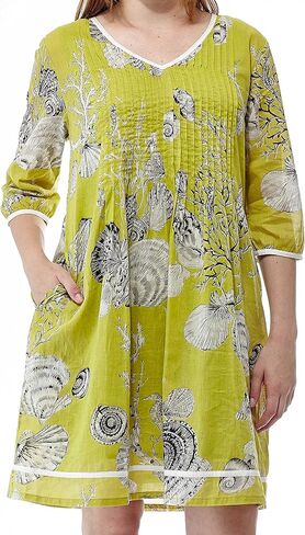 LA CERA Women’s V-Neck Pleated Front Short Dress, 3/4 Sleeve Floral Tunic Top with Pockets, 100% Cotton, Machine Washable in Saudi Arabia