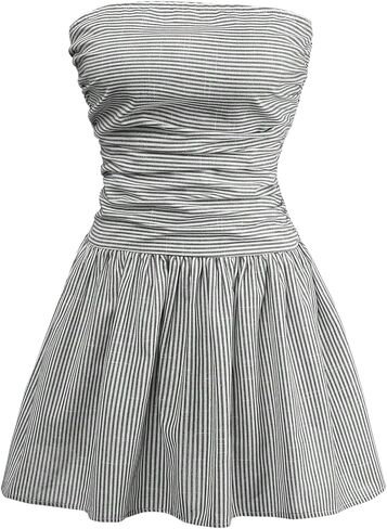 فستان WDIRARA نسائي مخطط بدون حمالات مناسب ومتوهج Y2K فساتين قصيرة مكشكشة مكشكشة in Kuwait