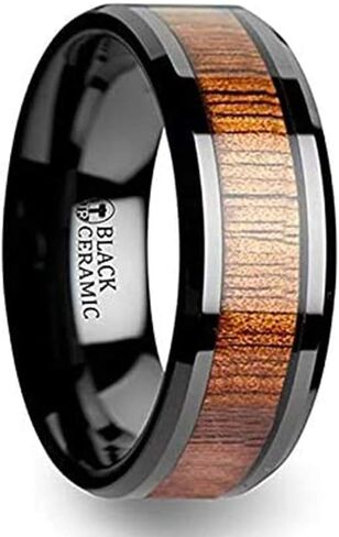 Acacia Koa Wood Inlaid Black Ceramic Ring with Bevels by Thorsten Jewelry - 8mm in Kuwait