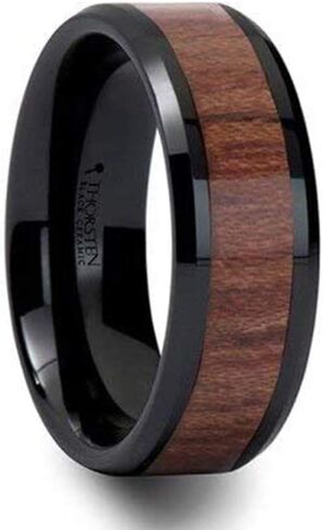 Denali Black Ceramic Wedding Band with Bevels and Rosewood Inlay by Thorsten Jewelry - 8mm in Saudi Arabia