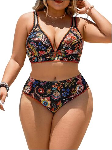 SweatyRocks Women's Plus Size 2 Piece Boho Printed Bikini Set High Waisted Bathing Suit Swimwear in Saudi Arabia