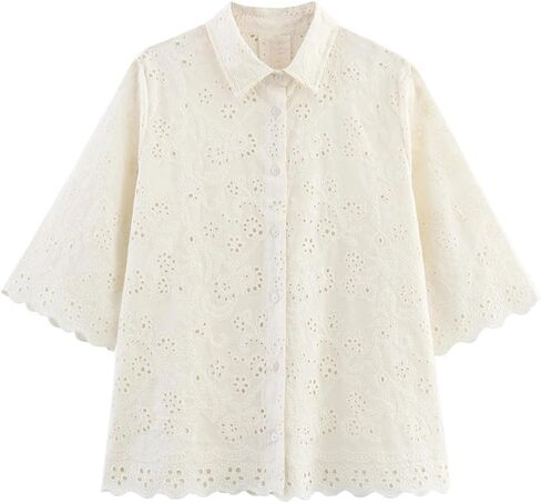 Women Hollow Embroidered Half Sleeve Casual Shirt Top in Saudi Arabia