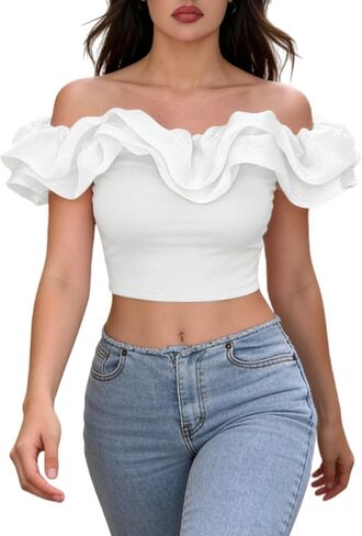 OYOANGLE Women's Off Shoulder Layered Ruffle T Shirt Short Sleeve Slim Fitted Going Out Tops in Saudi Arabia