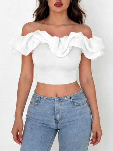 OYOANGLE Women's Off Shoulder Layered Ruffle T Shirt Short Sleeve Slim Fitted Going Out Tops in Saudi Arabia