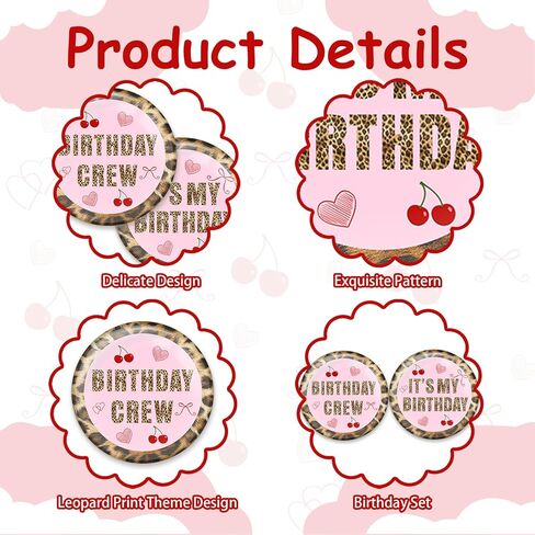 Cheetah Cherry Birthday Squad Button Pins for Women, 18PCS Pink Leopard Print It's My Birthday Badges Pins for Women Girls Leopard Theme 16th, 18th, 21st, 25th, 30th Bday Party Crew Favors Supplies in Kuwait