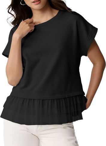 Womens Short Sleeve Shirts Lace Hem Casual Summer Tops Loose Fit Cute Daily Outfits in Saudi Arabia