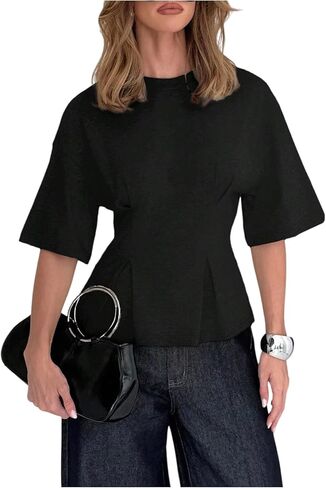 تي شيرت Verdusa للسيدات ذو الخصر المحكم نصف كم ورقبة دائرية للخارج، قميص كاجوال أنيق in Kuwait