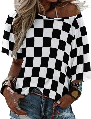 Black White Race Checkered Flag Pattern Womens Tops Sexy Off Shoulder Shirts Casual Short Sleeve T-Shirt in Kuwait