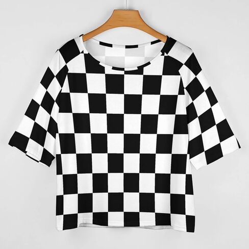 Black White Race Checkered Flag Pattern Womens Tops Sexy Off Shoulder Shirts Casual Short Sleeve T-Shirt in Kuwait