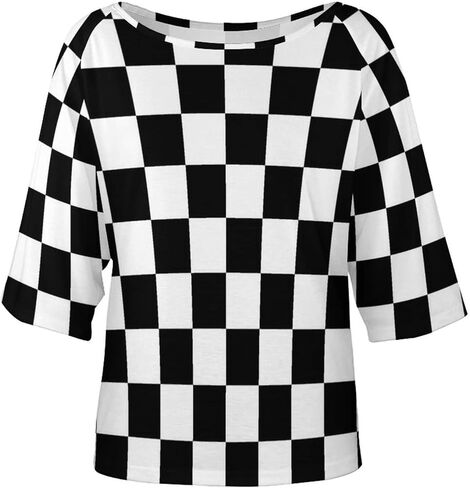 Black White Race Checkered Flag Pattern Womens Tops Sexy Off Shoulder Shirts Casual Short Sleeve T-Shirt in Kuwait