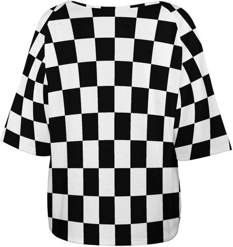 Black White Race Checkered Flag Pattern Womens Tops Sexy Off Shoulder Shirts Casual Short Sleeve T-Shirt in Kuwait