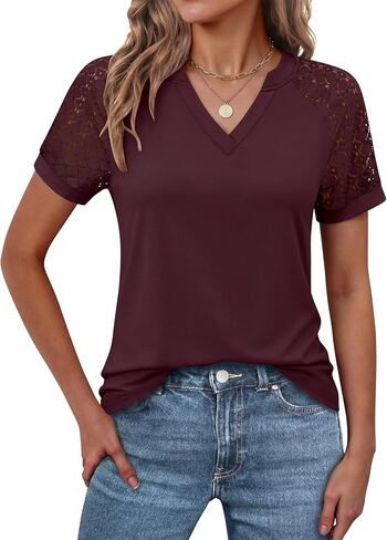 ANRABESS Womens Short Sleeve V Neck Shirts Lace Dressy Casual Blouse 2026 Summer Business Work Tops Vacation Trendy T-Shirts in Saudi Arabia