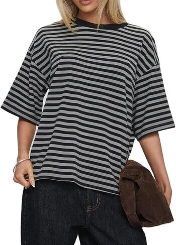 Y2k Women Oversized Striped Shirt Short Sleeve Crewneck Loose Fit T Shirts Casual Blouse Tee Fairy Grunge Tops in Kuwait