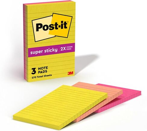 Post-it Super Sticky Lined Notes, 3 Sticky Note Pads, 4 x 6 in., Ideal for Organization in Your Dorm, Home or Office, 2X The Sticking Power, Summer Joy Collection in Saudi Arabia