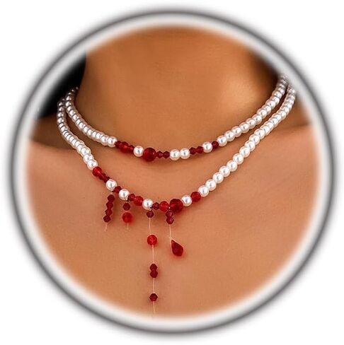 Dripping Blood Pearl Choker Necklace for Women Multiply Layer Halloween Pearl Necklaces Gothic Vampire Party Costume Jewelry Gifts in Kuwait