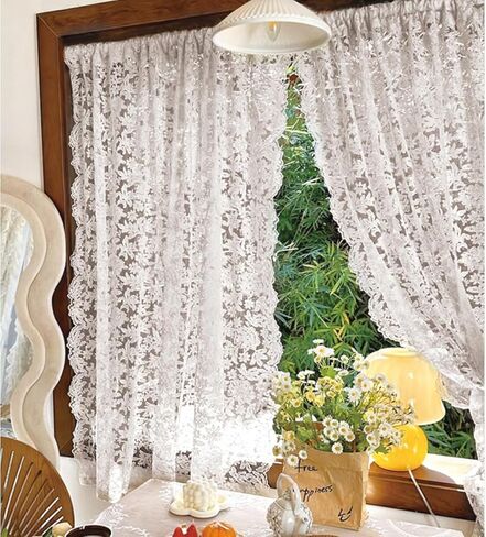 2 Panels French Curtains Lace Gauze for Living Room Cream Retro Wavy Edge Bedroom Bay Window Girl Embroidery Curtain Door White Tulle Rod Pocket (W51 XH63 White Color) in Kuwait