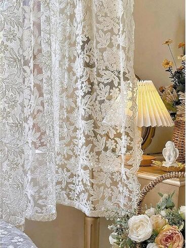 2 Panels French Curtains Lace Gauze for Living Room Cream Retro Wavy Edge Bedroom Bay Window Girl Embroidery Curtain Door White Tulle Rod Pocket (W51 XH63 White Color) in Kuwait