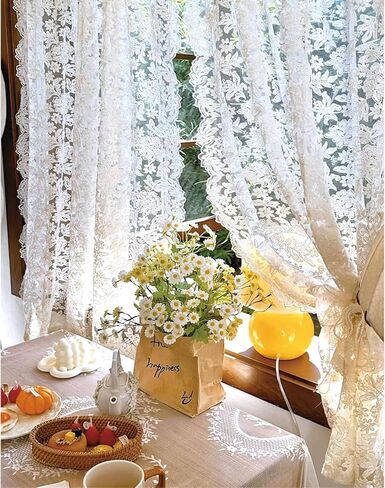 2 Panels French Curtains Lace Gauze for Living Room Cream Retro Wavy Edge Bedroom Bay Window Girl Embroidery Curtain Door White Tulle Rod Pocket (W51 XH63 White Color) in Kuwait