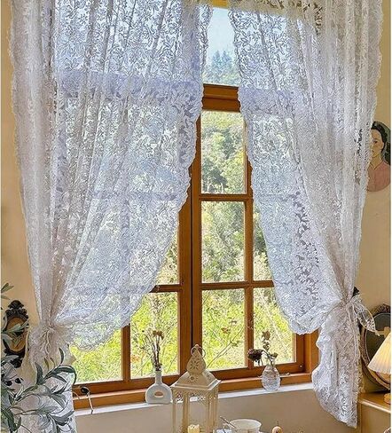 2 Panels French Curtains Lace Gauze for Living Room Cream Retro Wavy Edge Bedroom Bay Window Girl Embroidery Curtain Door White Tulle Rod Pocket (W51 XH63 White Color) in Kuwait