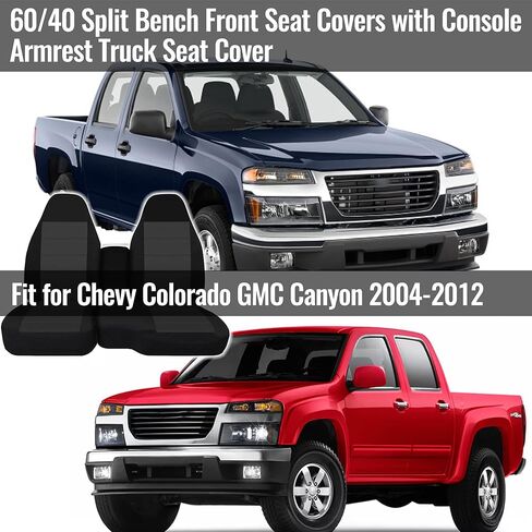أغطية مقاعد أمامية مقسمة 60/40 لسيارة Chevy Colorado GMC Canyon 2004 2005 2006 2007 2008 2009 2010 2011 2012 مع غطاء مقعد مسند ذراع وحدة التحكم - أسود in Kuwait