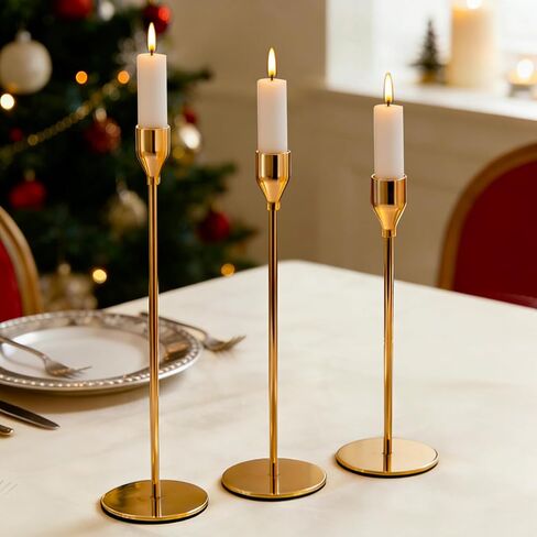 حامل شمعدان ذهبي من MrMrMrKura، حامل شموع مدبب، مجموعة حامل شموع طويلة مكونة من 3 قطع للشموع الطويلة، شمعدان ديكور لحفلات الزفاف والحفلات وديكور المنزل (ذهبي) in Kuwait